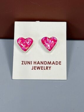 Zuni Handmade Hot Pink Opal Heart Stud Earrings